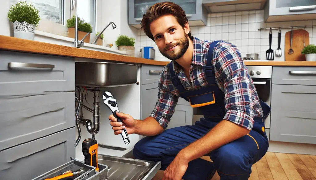 Lachende loodgieter die gootsteen installeert