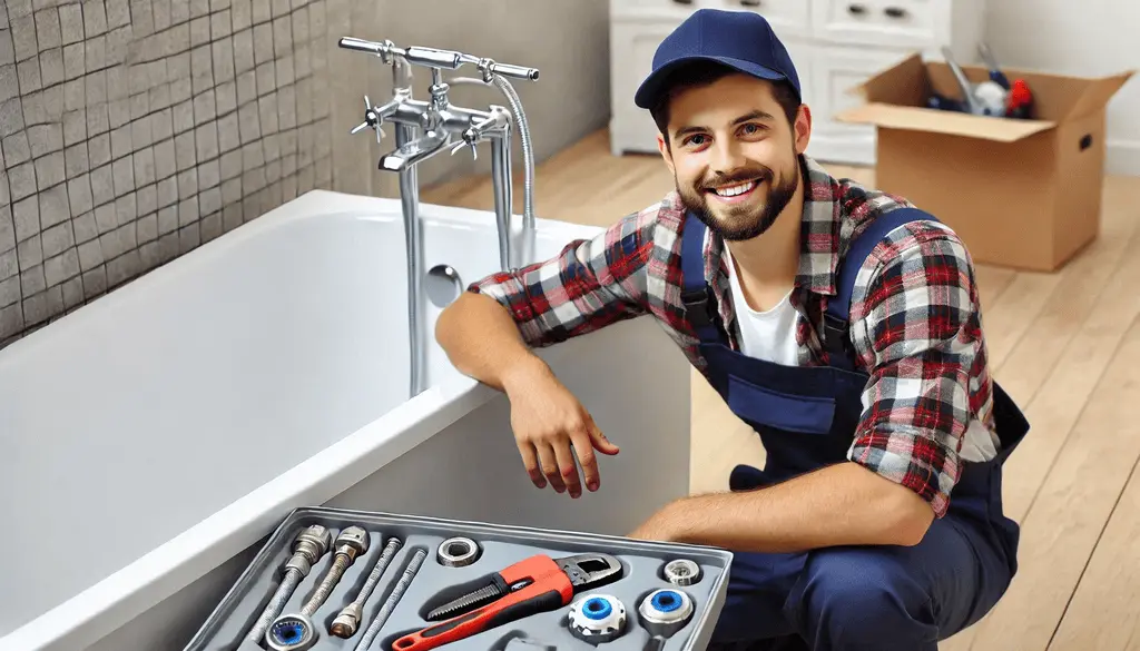 Lachende loodgieter die sanitaire installaties uitvoert